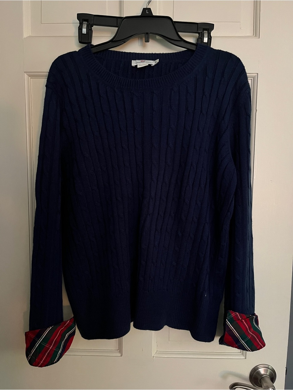 Vineyard Vines Cable-Knit Navy Sweater with Plaid Cuff Detail